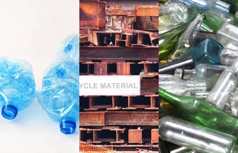 Recycled plastic, recycled steel, and recycled glass as building materials